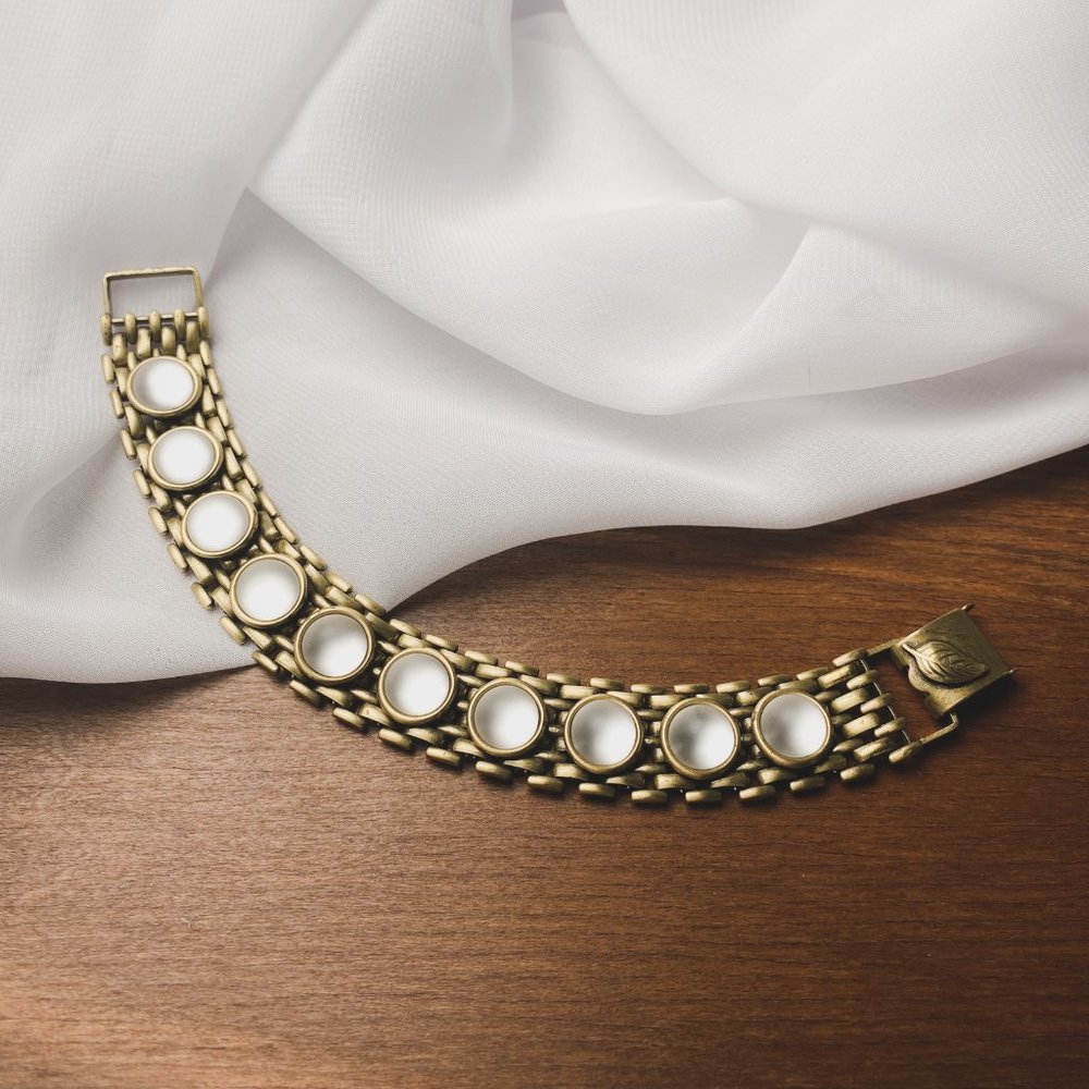 Round White Glow Stone Brass Tone Chainmail Chain Wide Steampunk Bracelet